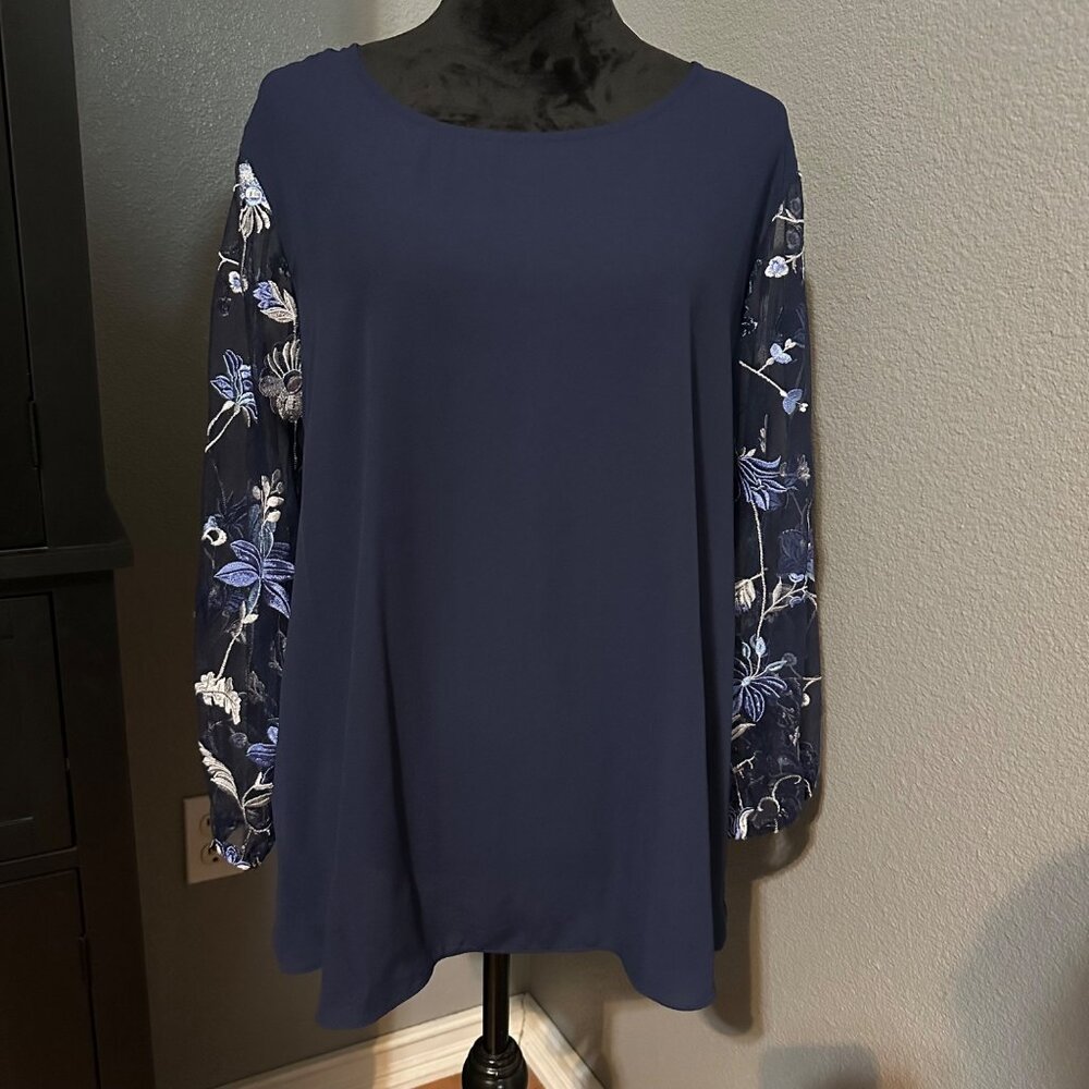 Cato J/M Sportswear Blouse XL Floral Embroidered 3/4 Sleeve Blue Sheer NWT